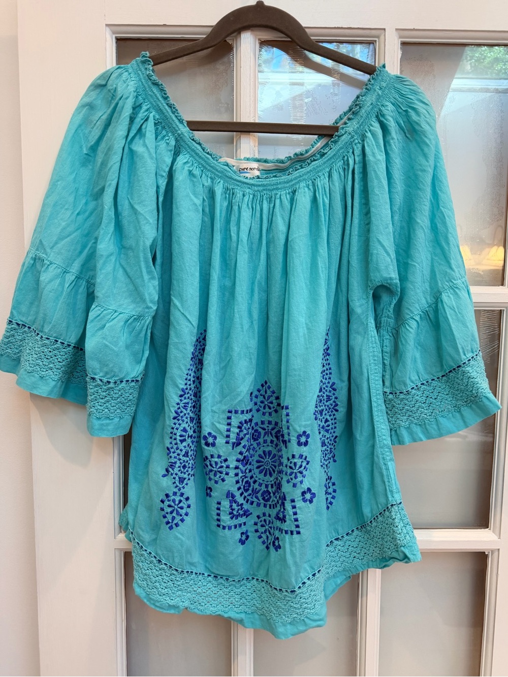 Pure Nordic Cotton Boho Hippie Chic Embroidered Turquoise Peasant Top Size M